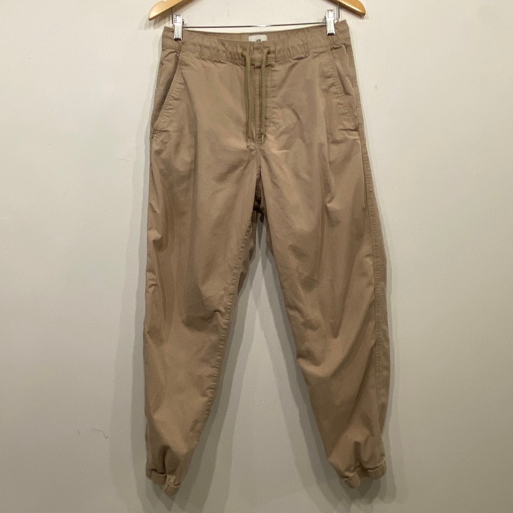 H&M Mens Regular Fit Joggers Tan Khaki Elastic Waist Drawstring Pants Size Small
